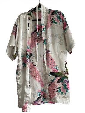 Silky White Kimono Shirt with Pink & Green Peacock Print